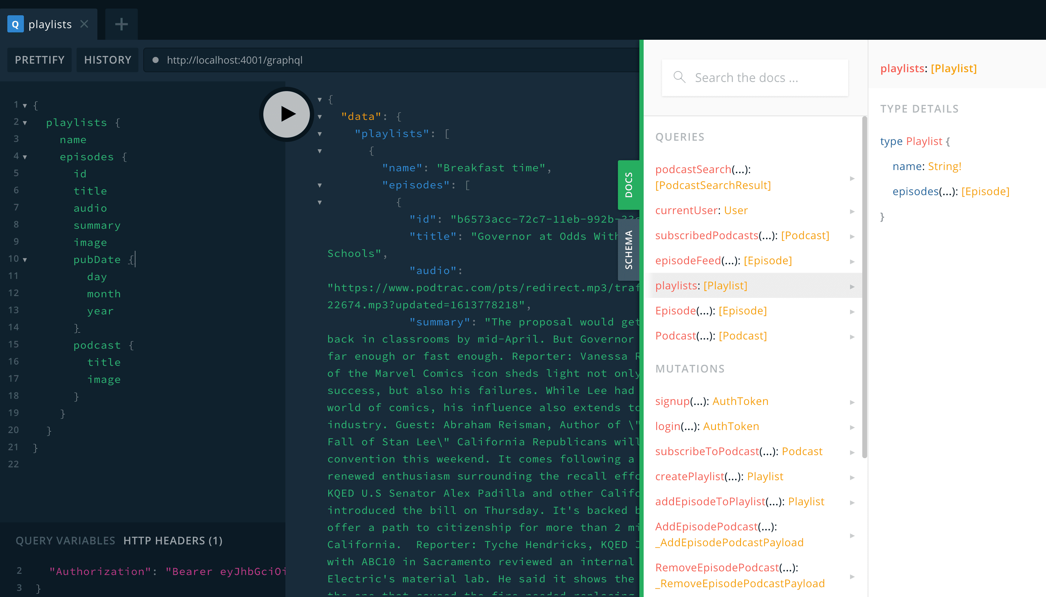 Fetching playlists in GraphQL Playground