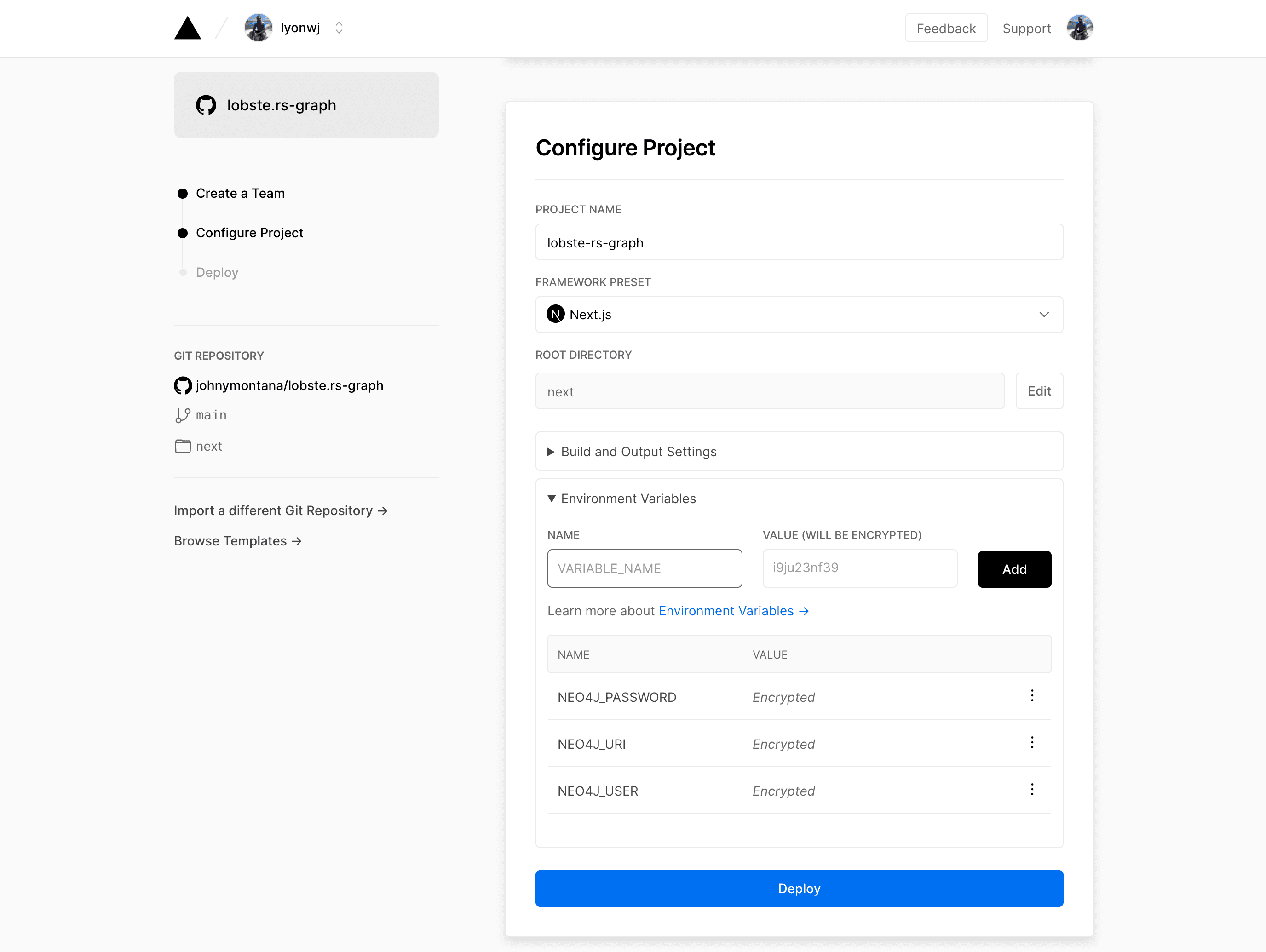 Adding a new project to Vercel