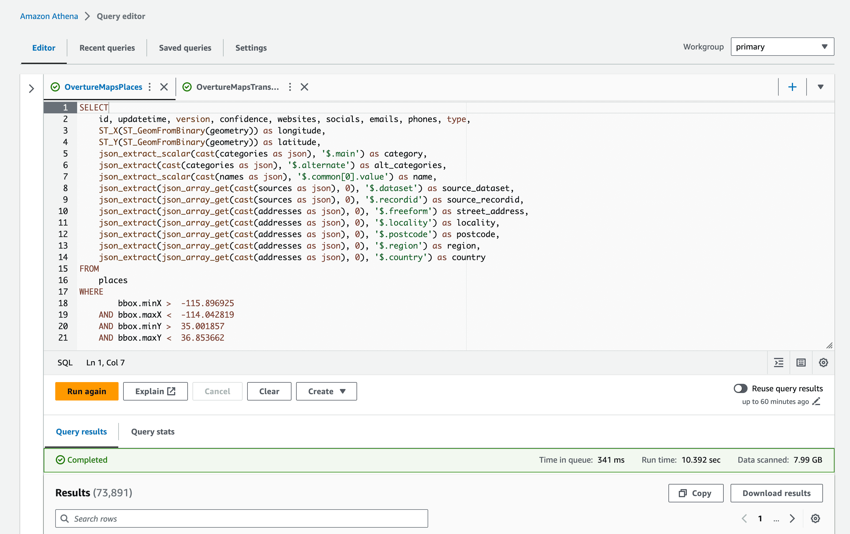 Querying the Overture Maps places theme with Amazon Athena