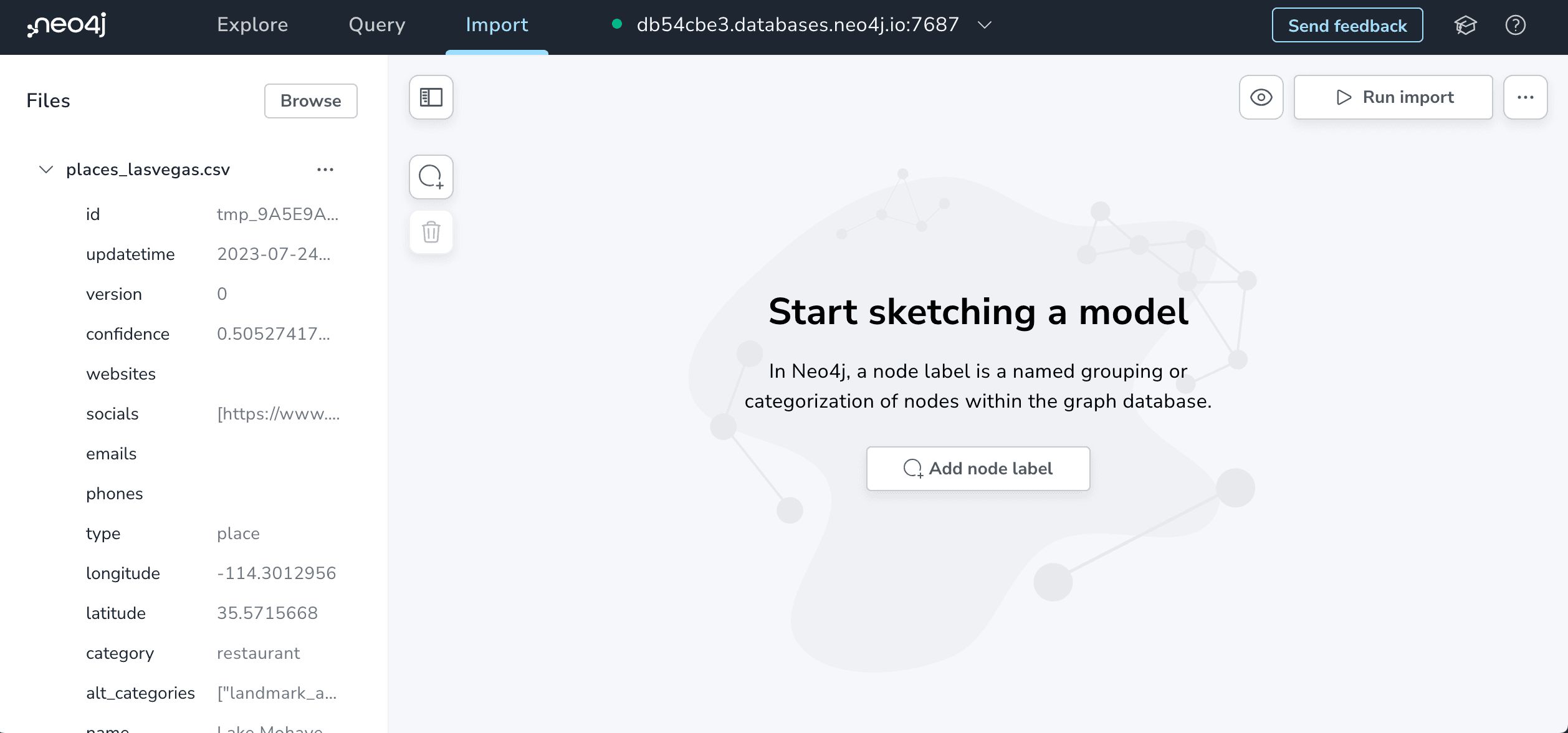 Sketching a property graph data model using Neo4j Workspace Import tool