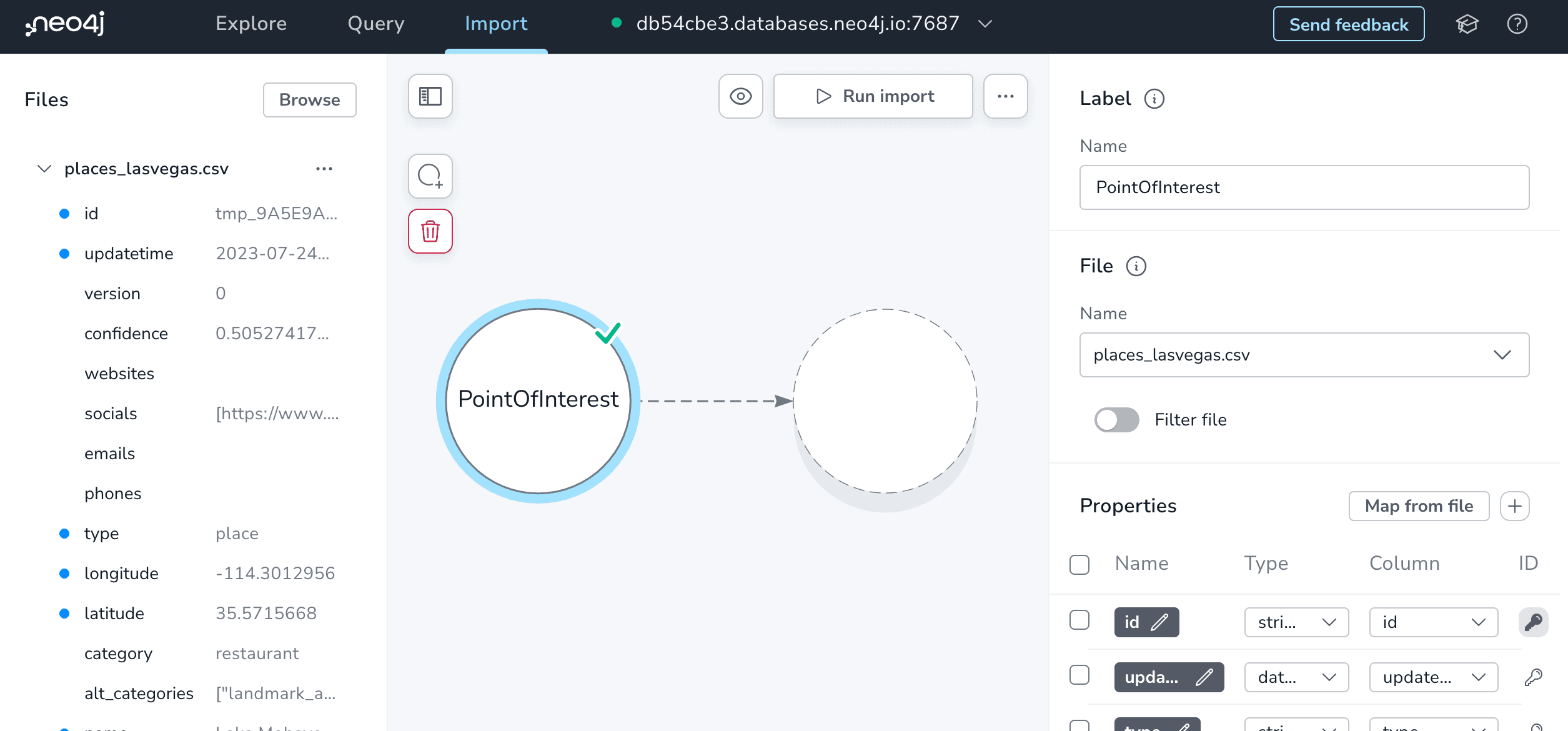 Sketching a property graph data model using Neo4j Workspace Import tool