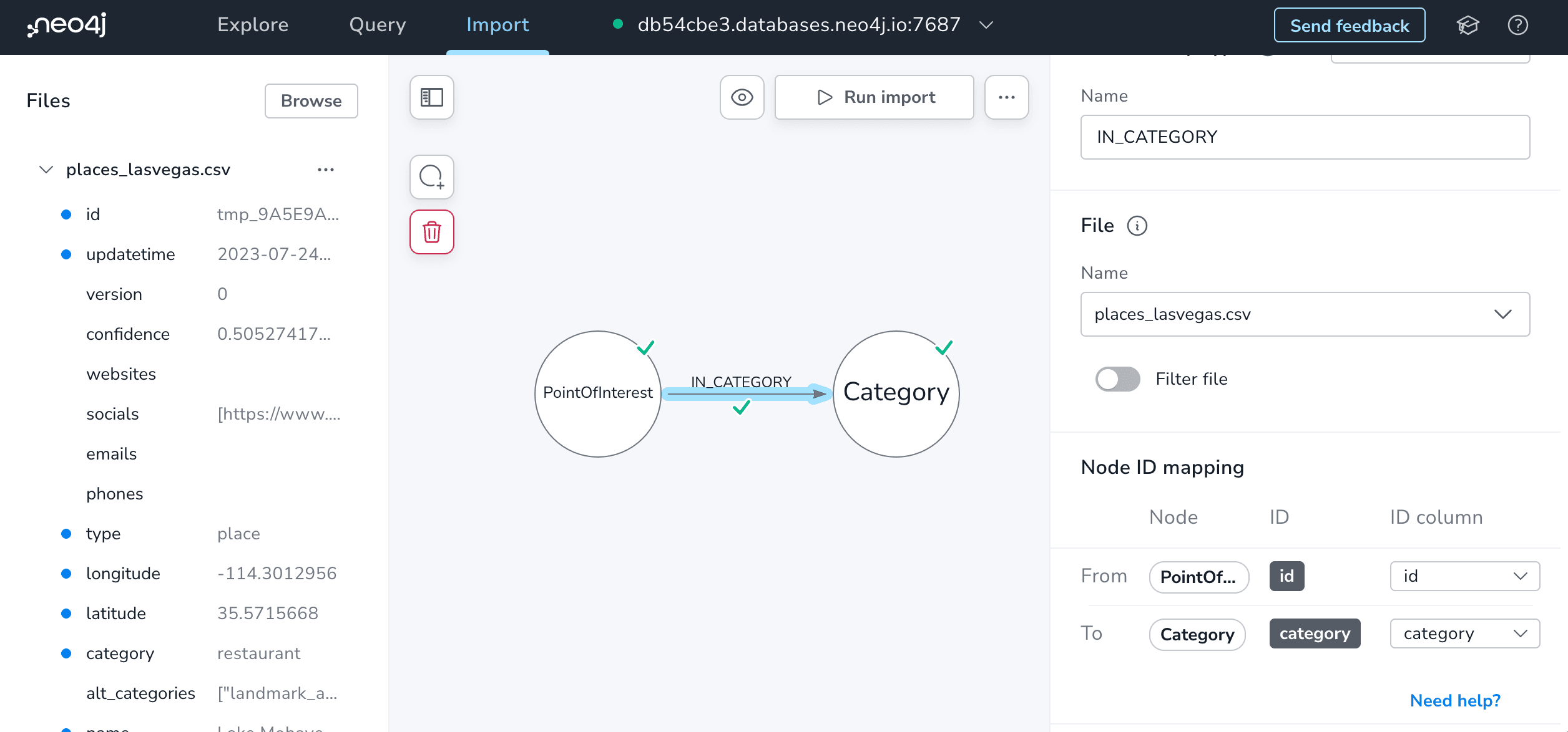 Sketching a property graph data model using Neo4j Workspace Import tool