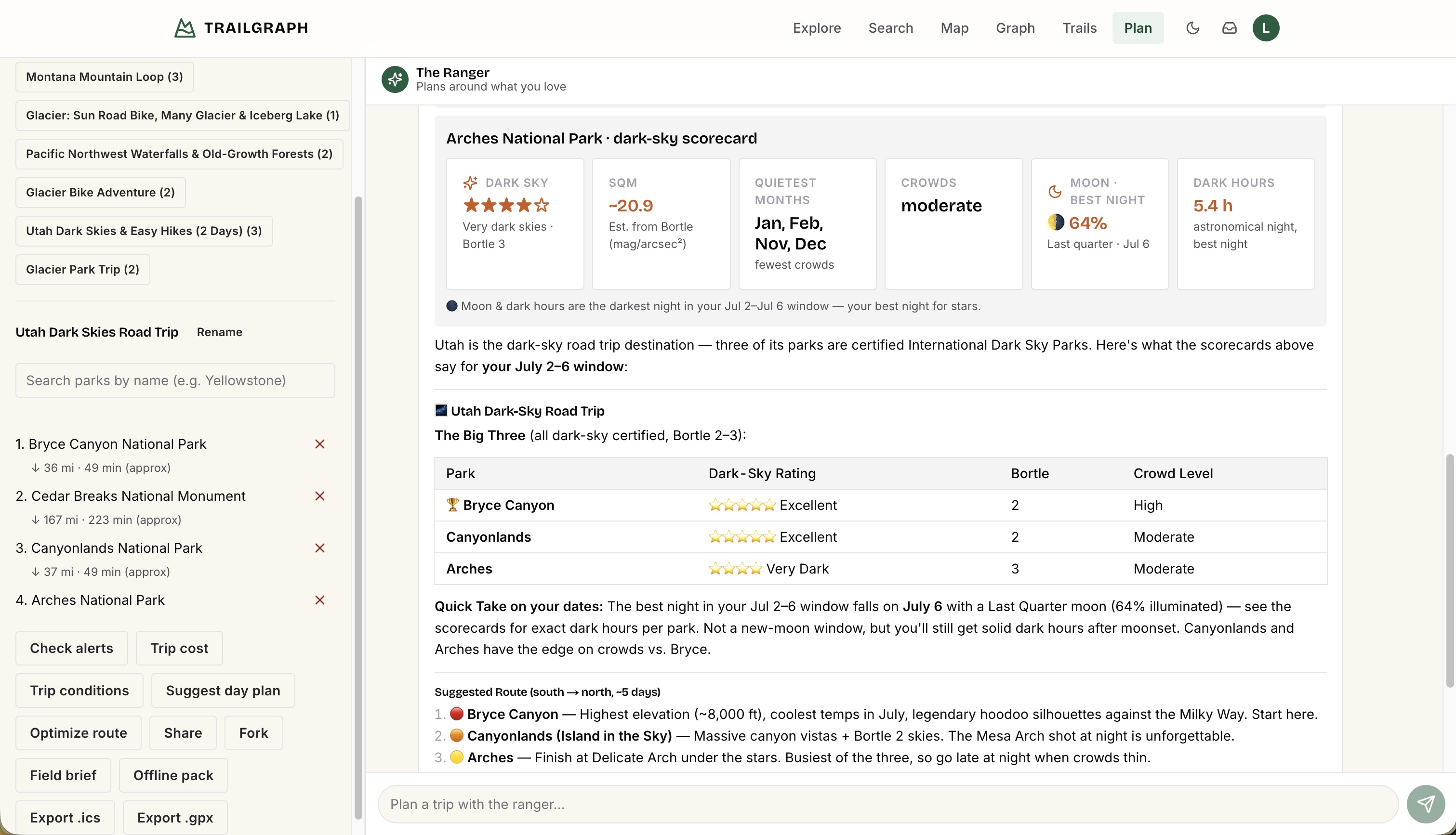 The /plan screen: an itinerary builder beside the Ranger chat. The ranger confirms what it remembered ("Astronomy · Lakes") and tags each recommendation with the preference that earned it.